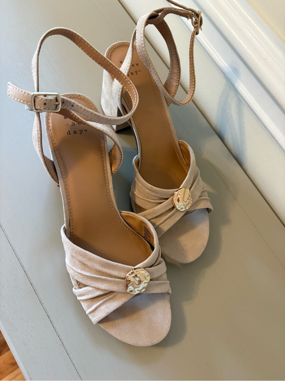 a new day Beige Open-Toe Ankle-Strap Heels with Gold Accent